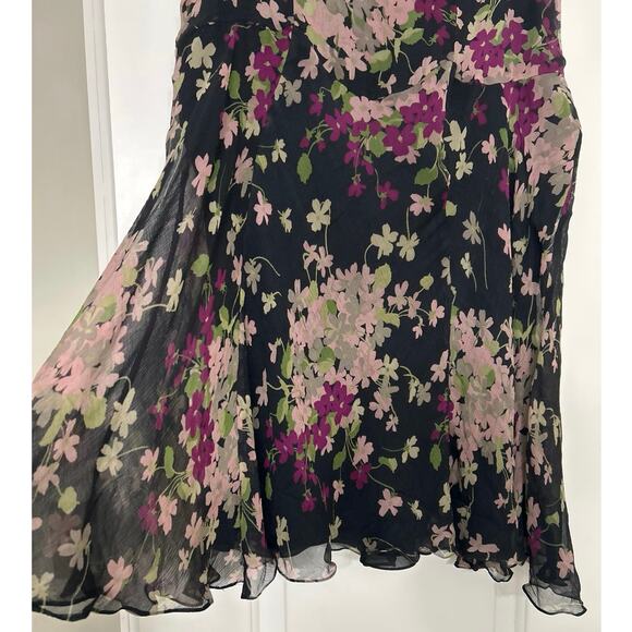 Lauren Ralph Lauren Silk Black Purple Floral Midi Skirt Y2K Romantic Size 10 - Picture 5 of 11
